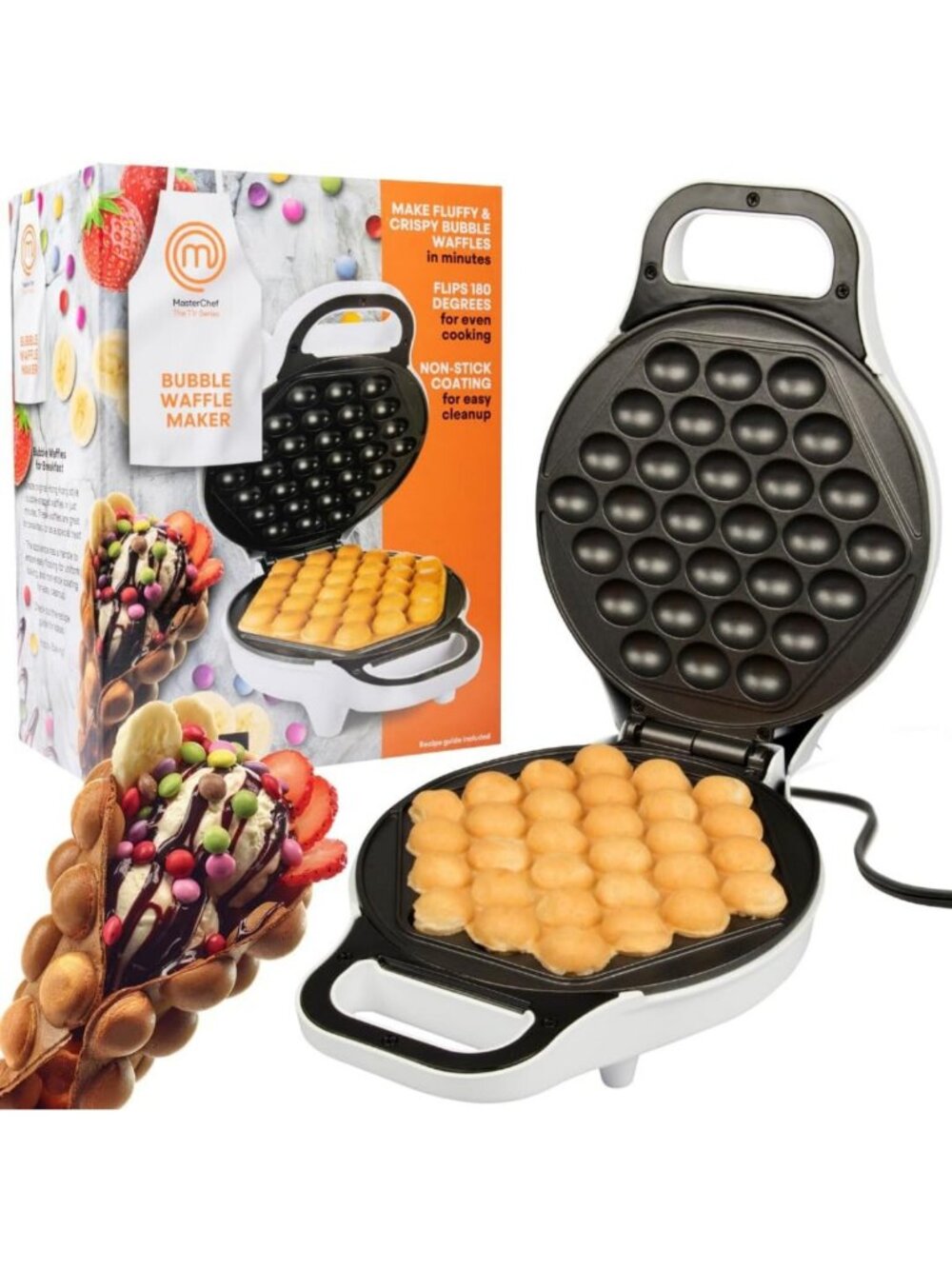Electric Bubble Waffle Maker - Non-Stick Hong Kong Egg Waffler with Recipe Guide
